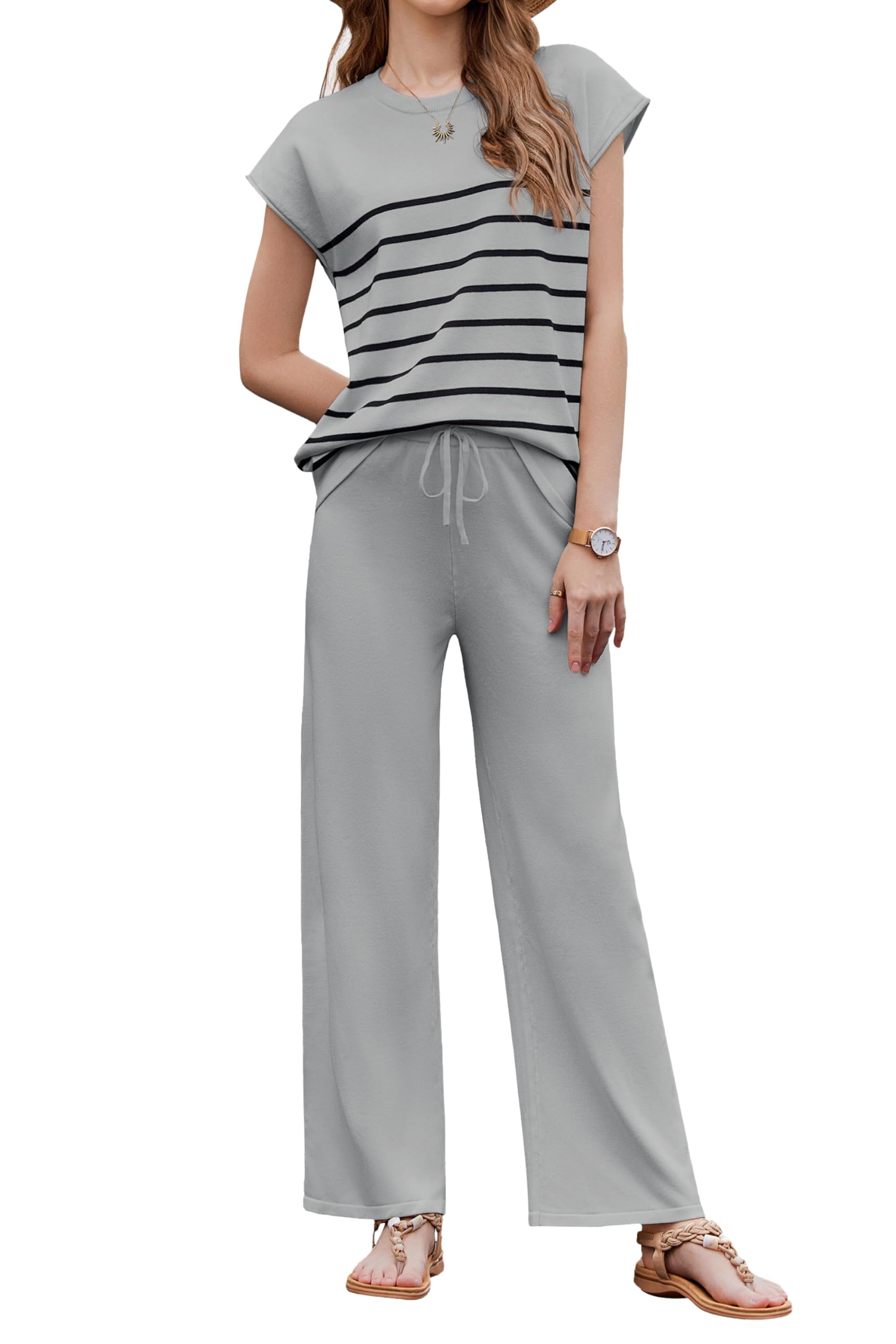 Photo 1 of Ekouaer Striped Lounge Sets Women's 2 Piece Business Casual Outfits Knits Sweater Matching Clothing Loungewear L Light Grey
