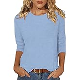 Sherosa Womens Casual 3/4 Sleeve T Shirts Crew Neck Loose Fit Tunic Tops Solid Basic Tops Tees