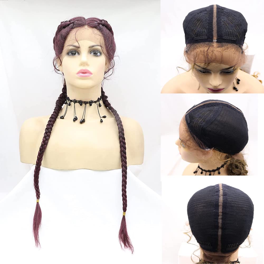 26" Mix Wine Red Lightweight Twist 2 Cornrows Braids Braided Wig 360 Full Lace Front Wig Add Human hand Weaving Synthetic Soft Blonde Hair Natural Highline for Women,Drag Queen Halloween Makeup Party