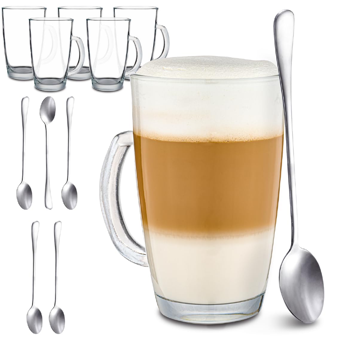 Cosumy Latte Macchiato Glasses 300ml - 6 Coffe Glasses Cups with Handle and Spoon - Keeps Warm for a Long Time - Ideal Size for Automatic Coffee Machines - Dishwasher Safe