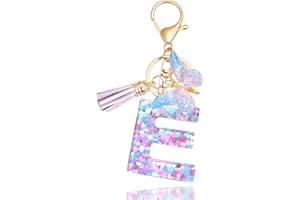 Meefisher Purple-Blue Pink Green Resin Alphabet Initial Letter Keychain Tassel Butterfly Key Ring for Purse Handbag Car Keys