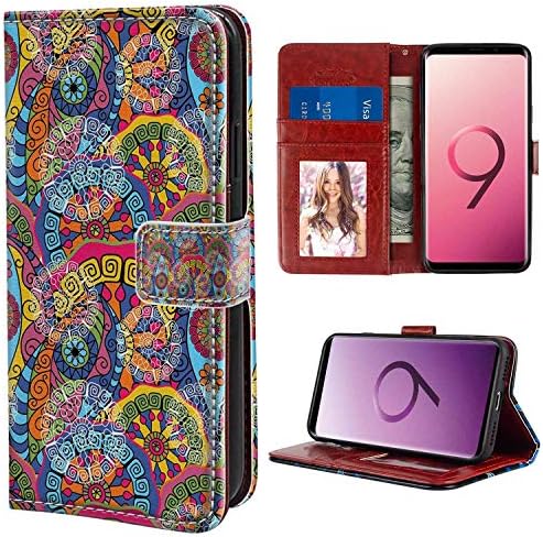 Samsung Galaxy S9 Plus Wallet Case, Floral Hippie Style Abstract Blooms with Aztec Tribal Geometric Trippy Boho Antique Figures Multicolor PU Leather Folio Case with Card Holder and ID Coin Slot