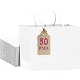 qiqee 50-Packs White Paper Gift Bags with Handles Bulk 12.6"x4.3"x10" Wide Large Size Party Favor Bags Multiple Uses