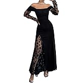 GORGLITTER Women's Off The Shoulder Mesh Maxi Dress Classy Fall Long Sleeve Ruched Cocktail Birthday Dinner Dresses