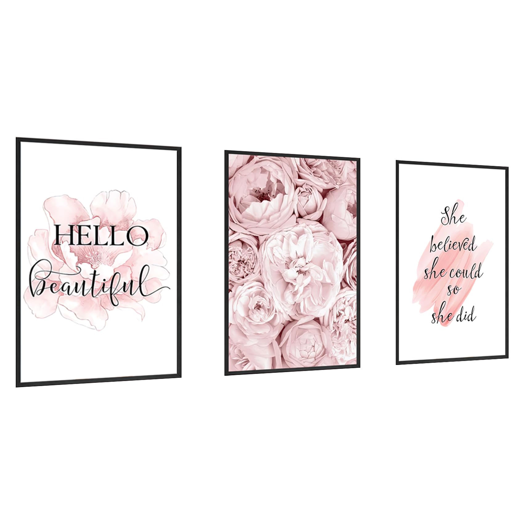 3 Pieces Inspirational Quotes Wall Art Framed Print for Girl's Room Decoration Nordic Peony Flower Poster Canvas Home Decoration — image 1