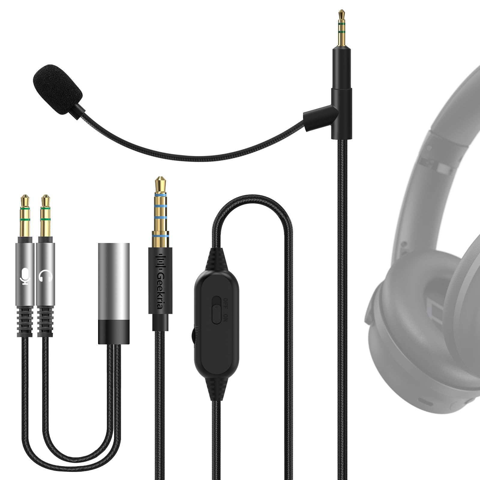 GEEKRIA Boom Mic Headphones Cable Compatible with Bose QC Ultra II/SE/45, 700, 2.5mm Jack Nylon Braided Replacement Cord with Boom Microphone for Gaming & Meeting (5.6ft)