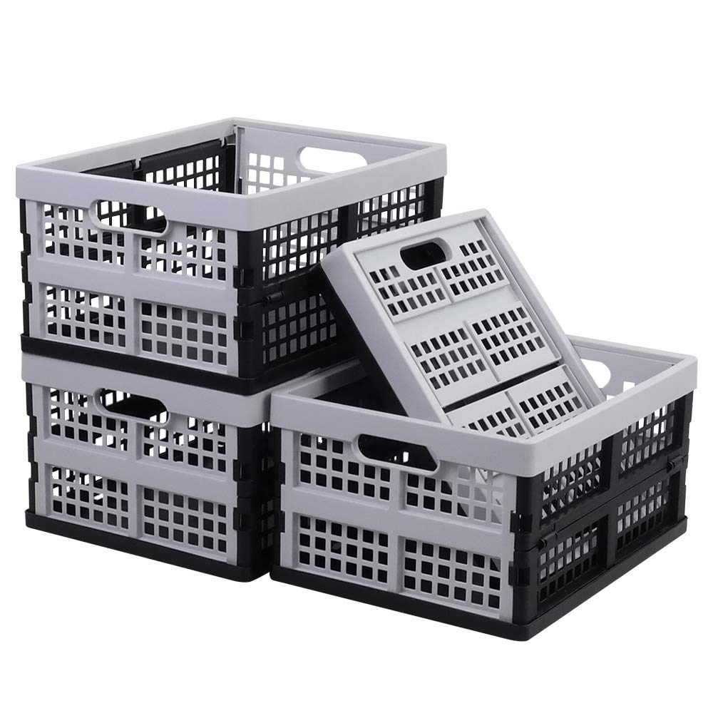 Jandson 16 L Plastic Folding Storage Crate, Black and Gray Collapsible Box, 4 Packs