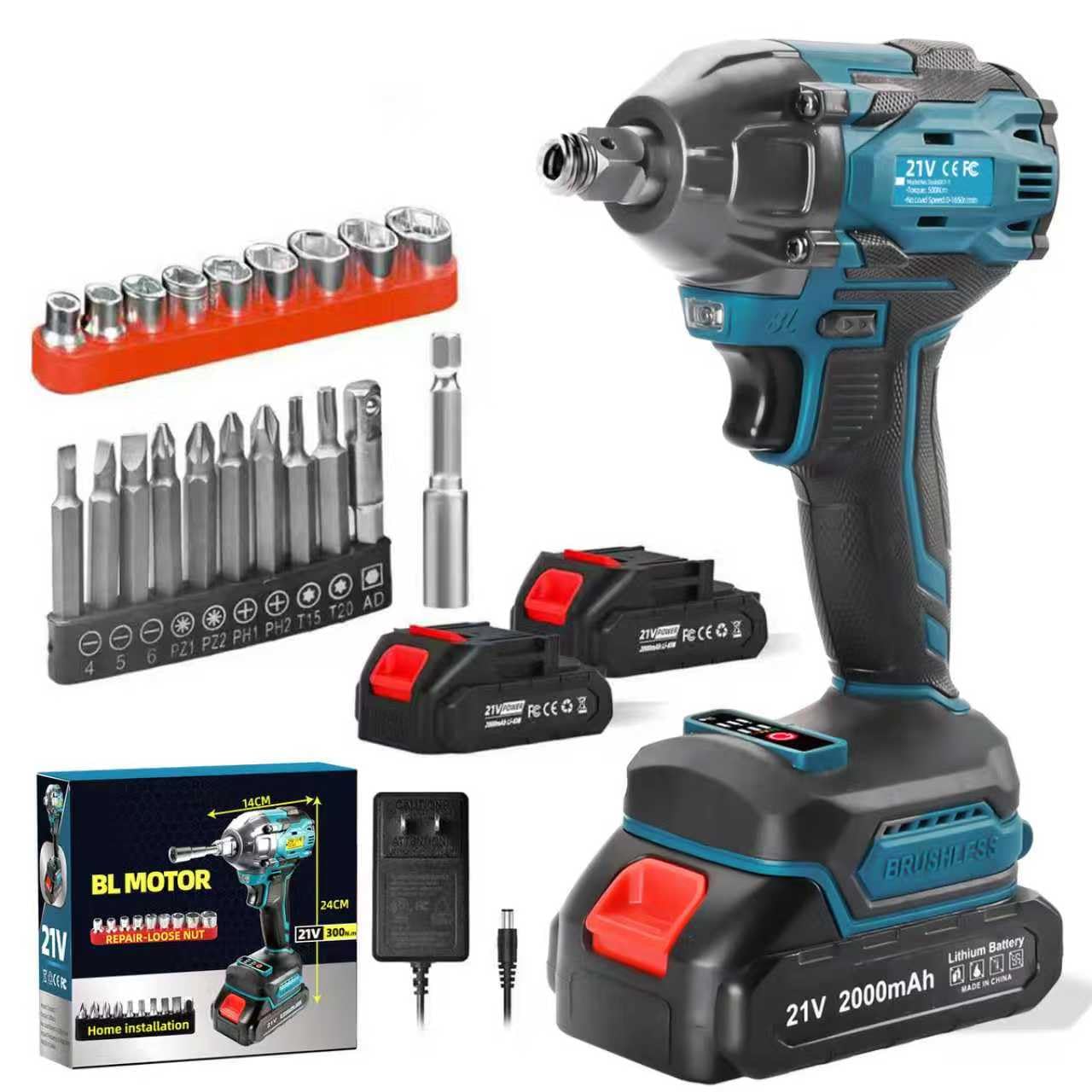 Cordless Impact Wrench, 21V Torque Power Impact Driver, 1/2" Power Impact Wrenches with 2 * 2.0Ah Batteries with 19 Accessories, Electric Impact Motor Variable Speeds for home installation (Blue)