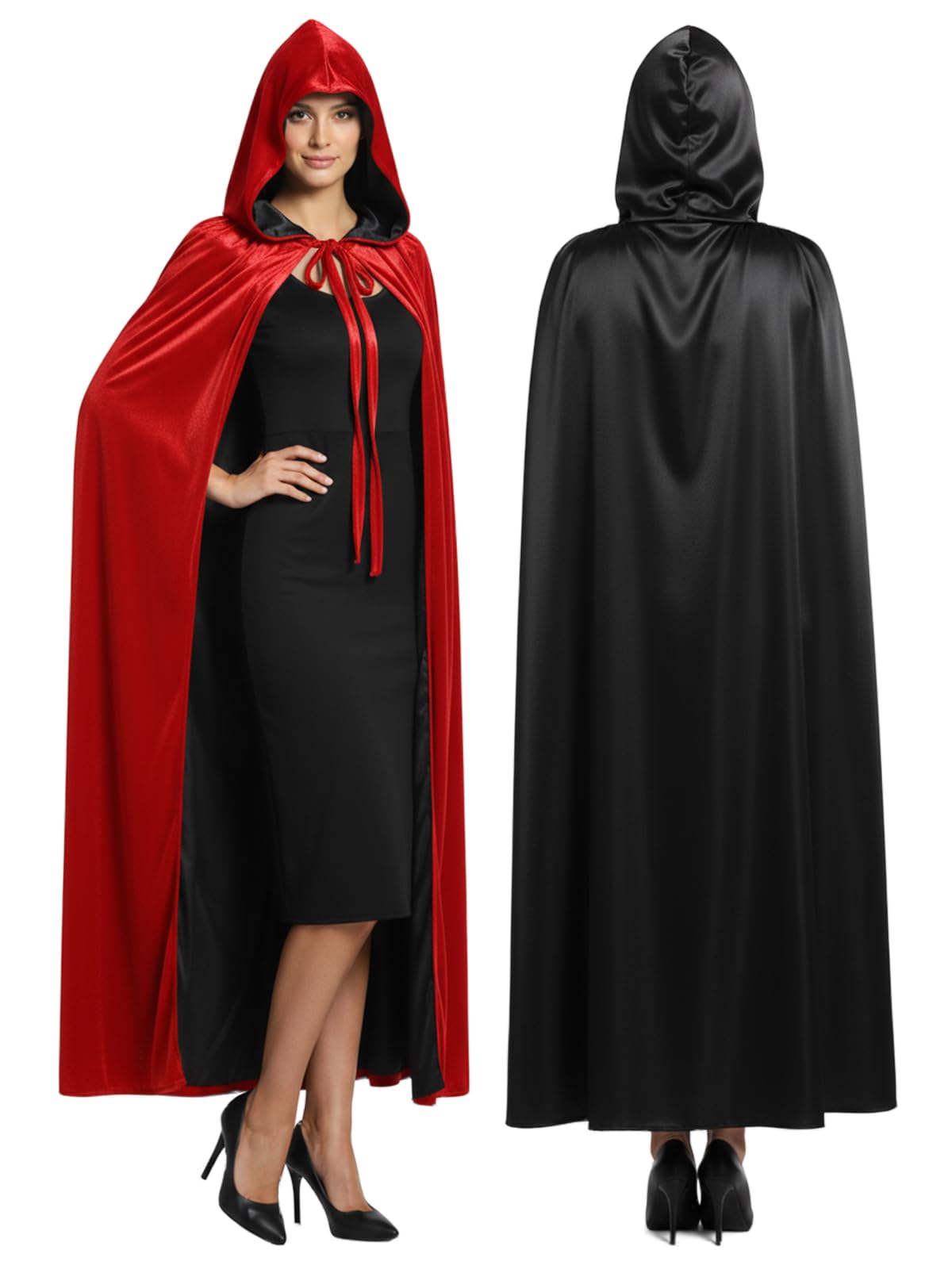 Hotfiary Reversible Black & Red Cape for Adult, Double Sided Velvet & Satin Hooded Cloak, Halloween Witch Vampire Costume Christmas Fancy Dress Role Play (105/130/150/158cm)