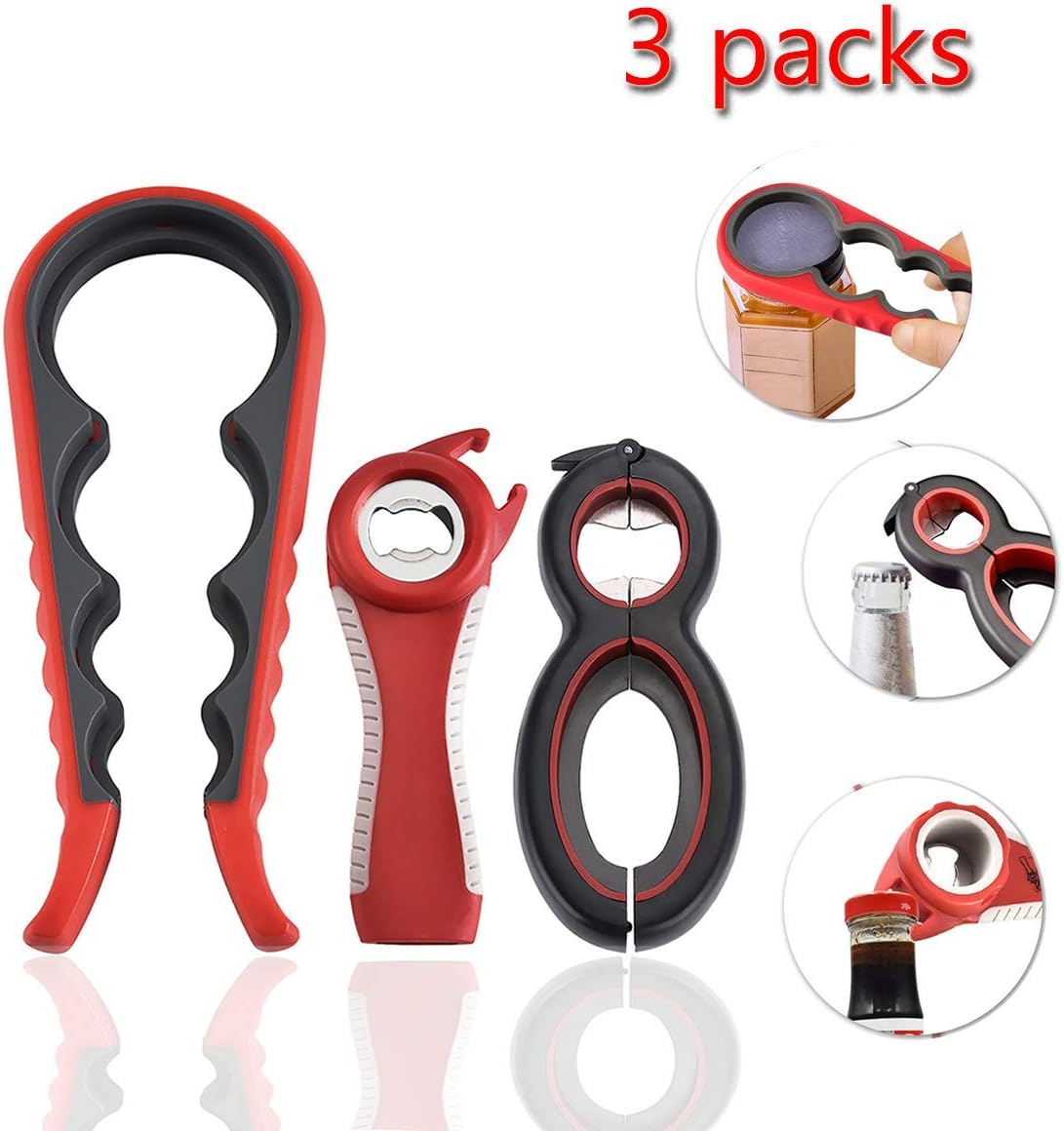 Fecihor Jar Opener (3 Pack) Easy to Use Bottle Opener 5 in 1 Multi Function Can Opener Kitchen Tool Set for Children, Elderly, Weak Hand and Arthritic Sufferers