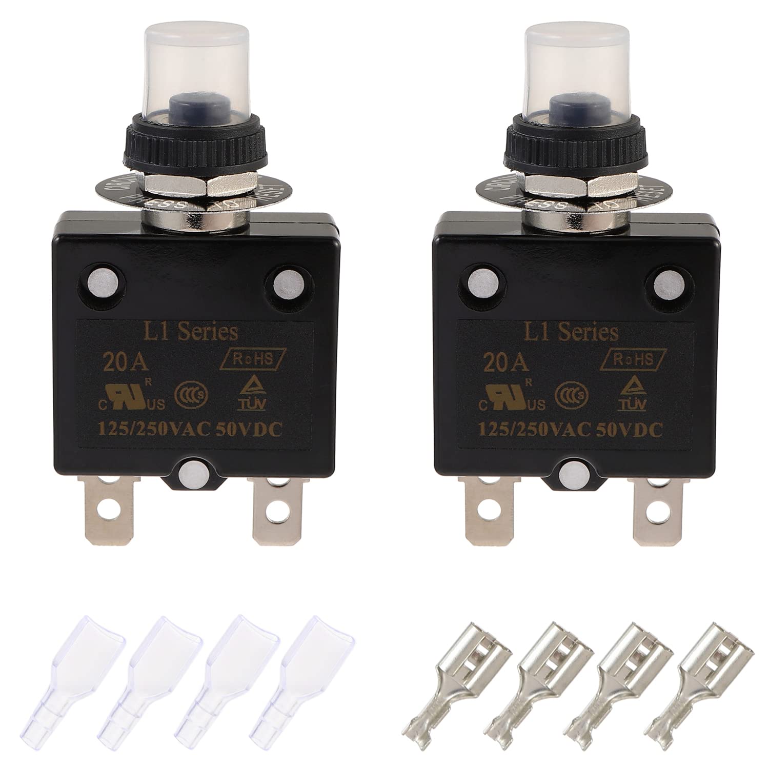 EPLZON 20A Manual Reset Push Button Circuit Breaker 125/250V AC 50V DC Thermal Overload Protector with Quick Connect Terminals and Waterproof Button Caps Assortment Kit(pack of 2 pcs)