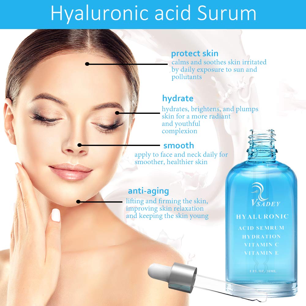VSADEY Hyaluronic Acid Serum High Moisturizing Serum for Face Neck, Anti Aging Anti Wrinkle Serum, Vitamin C Serum Day Night Serum for Women Men, 30ml