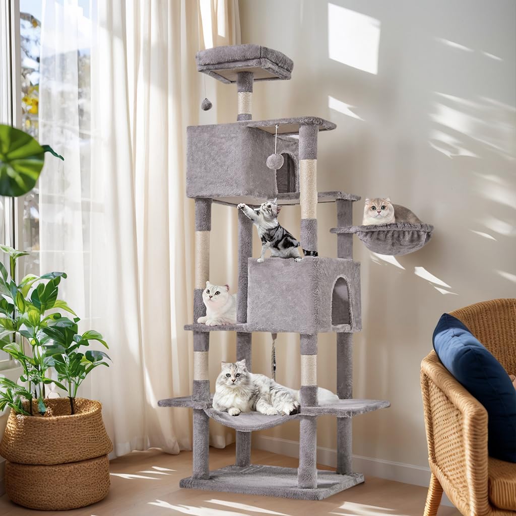 Sweetcrispy 66 Inch Cat Tree Tower, Multi Level Cat Climbing Tower with Natural Sisal Scratching Posts, Hammock, Pet Condo for Indoor Cats and Kittens Play, Grey Image