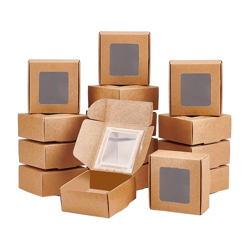 BENECREAT 30 Pack Kraft Paper Boxes with Clear Window 6.5x6.5x3cm BurlyWood Gift Packaging Boxes for Bakery Cookies Cake Candy Wedding Party Favors
