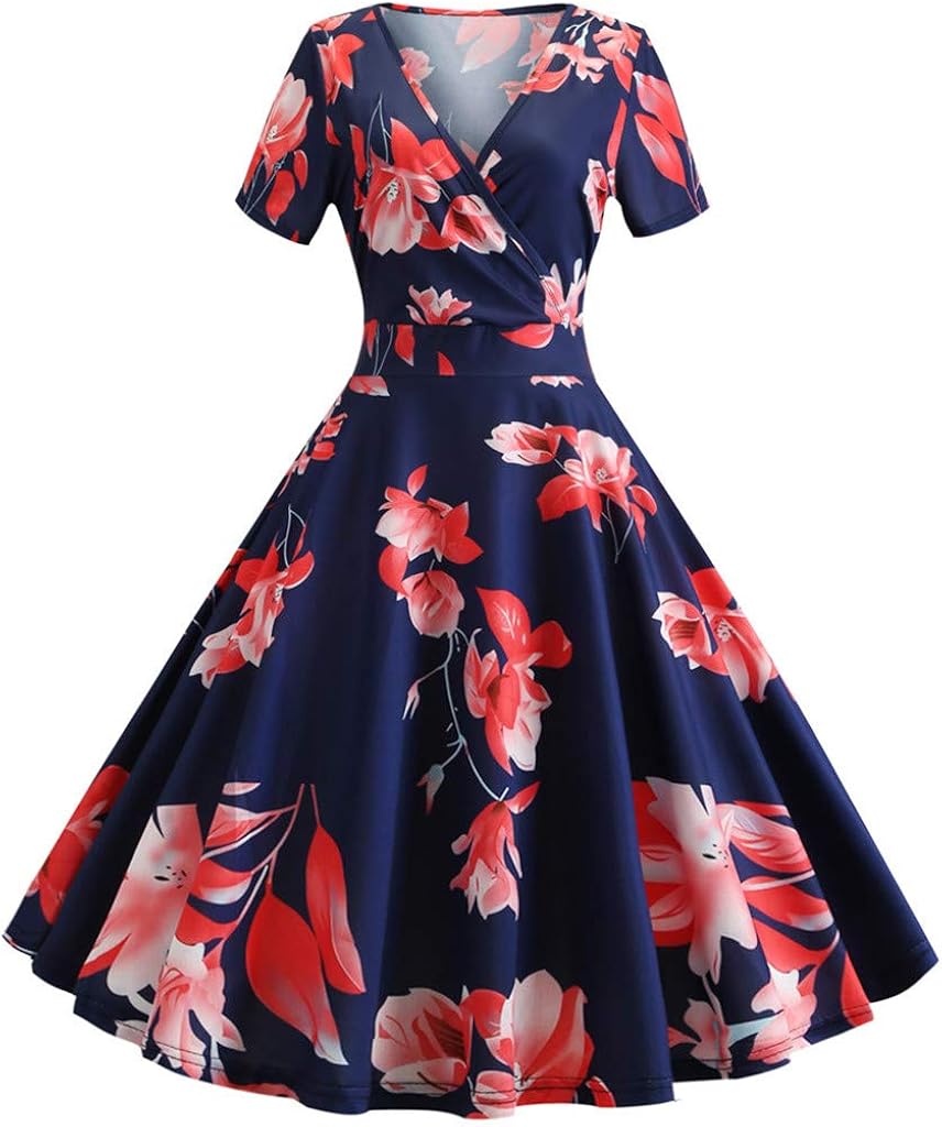 AMhomely Summer Dresses for Women Sale Vintage 1950s Retro Short Sleeve