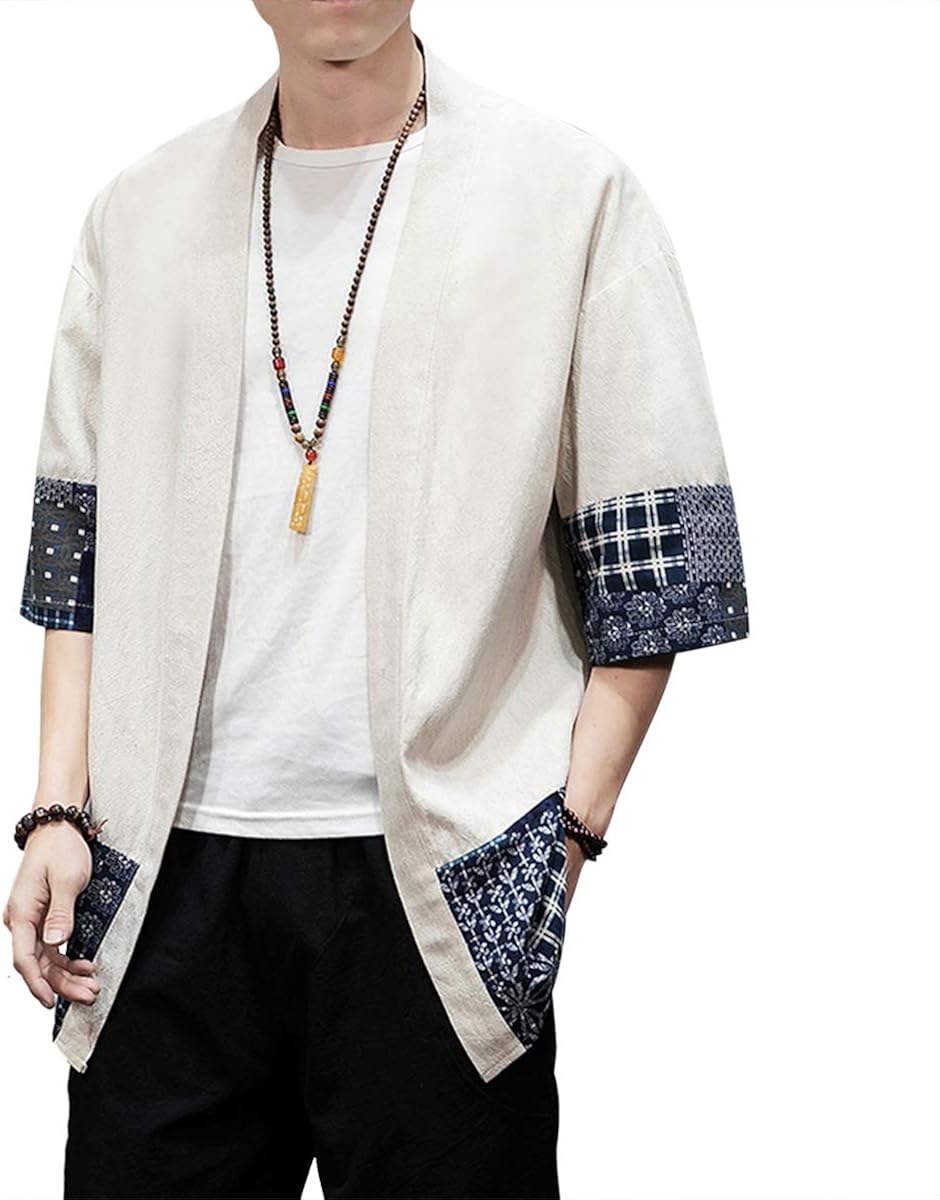 PRIJOUHE Men's Kimono Jackets Cardigan Lightweight Casual Cotton Blends Linen Seven Sleeves Open Front Coat Outwear at  Men’s Clothing store