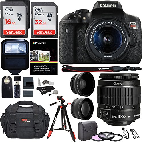 Canon EOS Rebel T6i 24.2 MP DSLR Camera, 18-55mm f/3.5-5.6 STM Lens, RitzGear HD .43x Wide Angle & 2.2X Telephoto Lenses, 48 GB SDHC Memory + 48 Canon EOS Rebel T6i 24.2 MP DSLR Camera, 18-55mm f/3.5-5.6 STM Lens, RitzGear HD .43x Wide Angle & 2.2X Telephoto Lenses, 48 GB SDHC Memory + 48