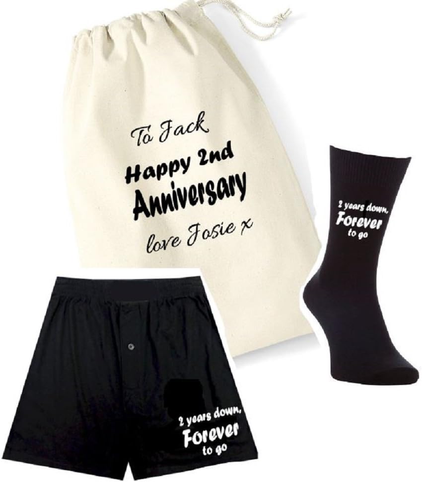 pretty little customs Printed Mens Boxers/Socks Set-2 Years Down Forever to go 2nd Anniversary Cotton Gift Bag Mens Socks Groom Wedding