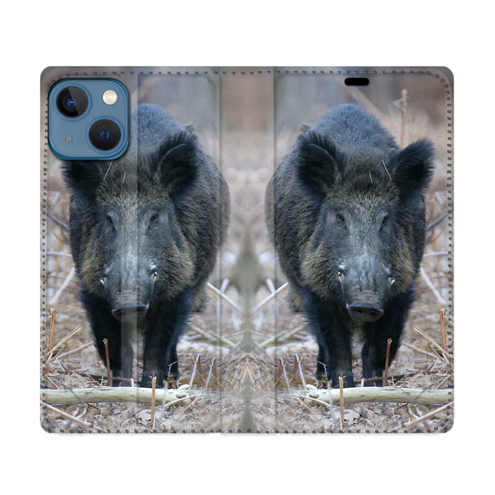 Cokitec Leather Wallet Case for iPhone 14 Plus (6.7) Wild Boar Hunting Pine