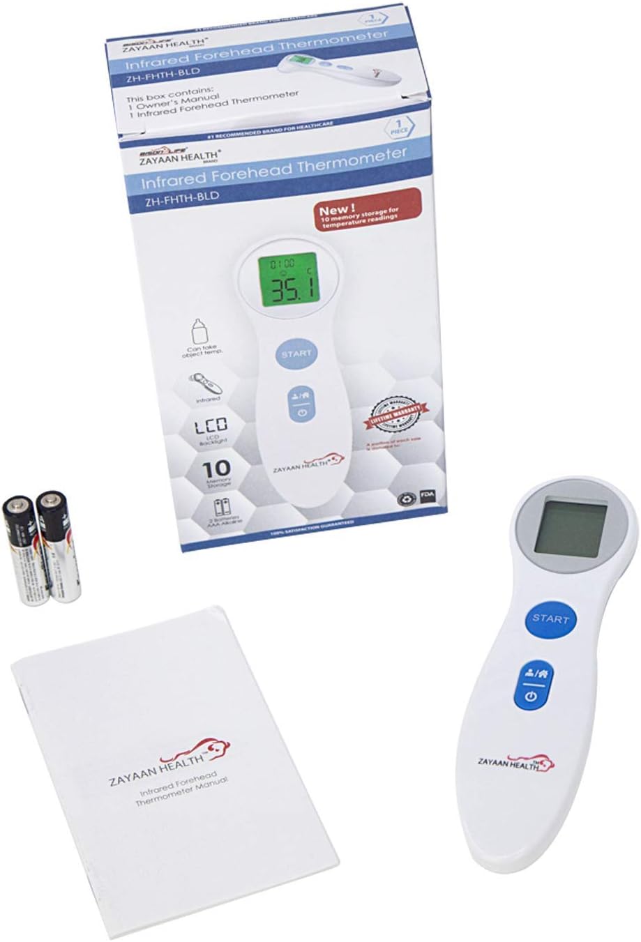 ZAYAAN HEALTH Infrared Forehead Thermometer | 10 Memory Storage, Fast Response, LCD
