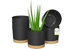 ZMTECH Plant Pots, Set of 6 6.5'' Self Watering Plastic Planter with Drainage Hole and Saucer, Modern Decorative Flower Pot for Indoor Outdoor House Plants, Succulents, Flowers - Grey