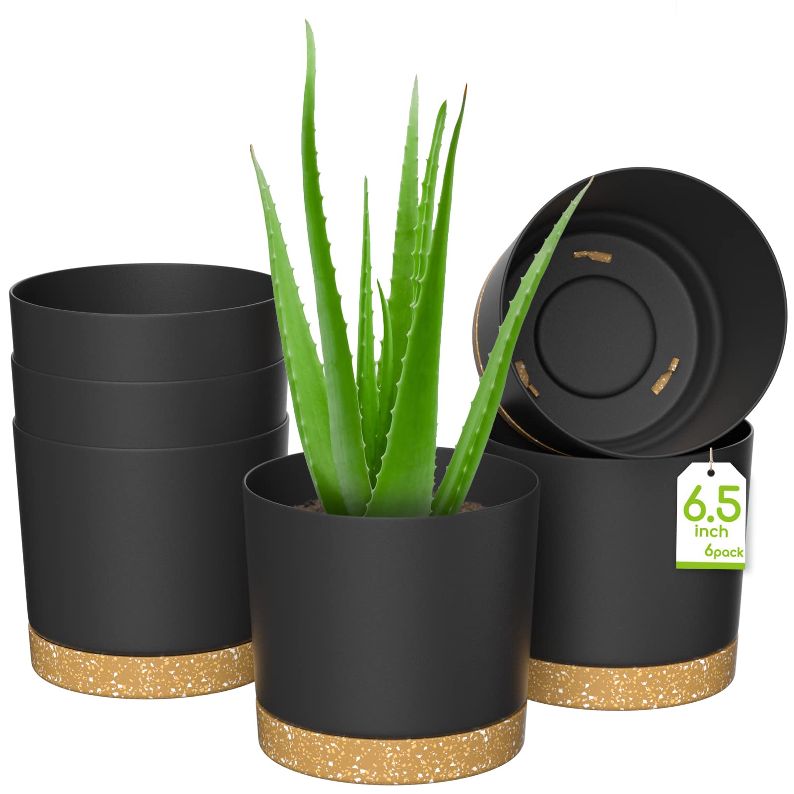 ZMTECH 16.5cm Plant Pots, Modern Planters with Drainage Holes and Detachable Saucer, Plastic Flower Pots for Plants for House Garden Windowsill (Set of 6, Dark Grey)