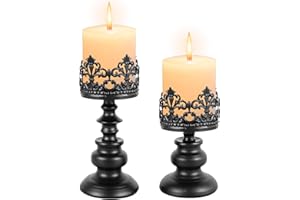 TZGSONP 2 Pcs Candle Holders for Pillar Candles Set, Gothic Vintage Candle Holders, Vintage Candle Holder, Gothic Candle Tall Candle Holders for Table Centerpiece Dining Fireplace Living Room (Black)