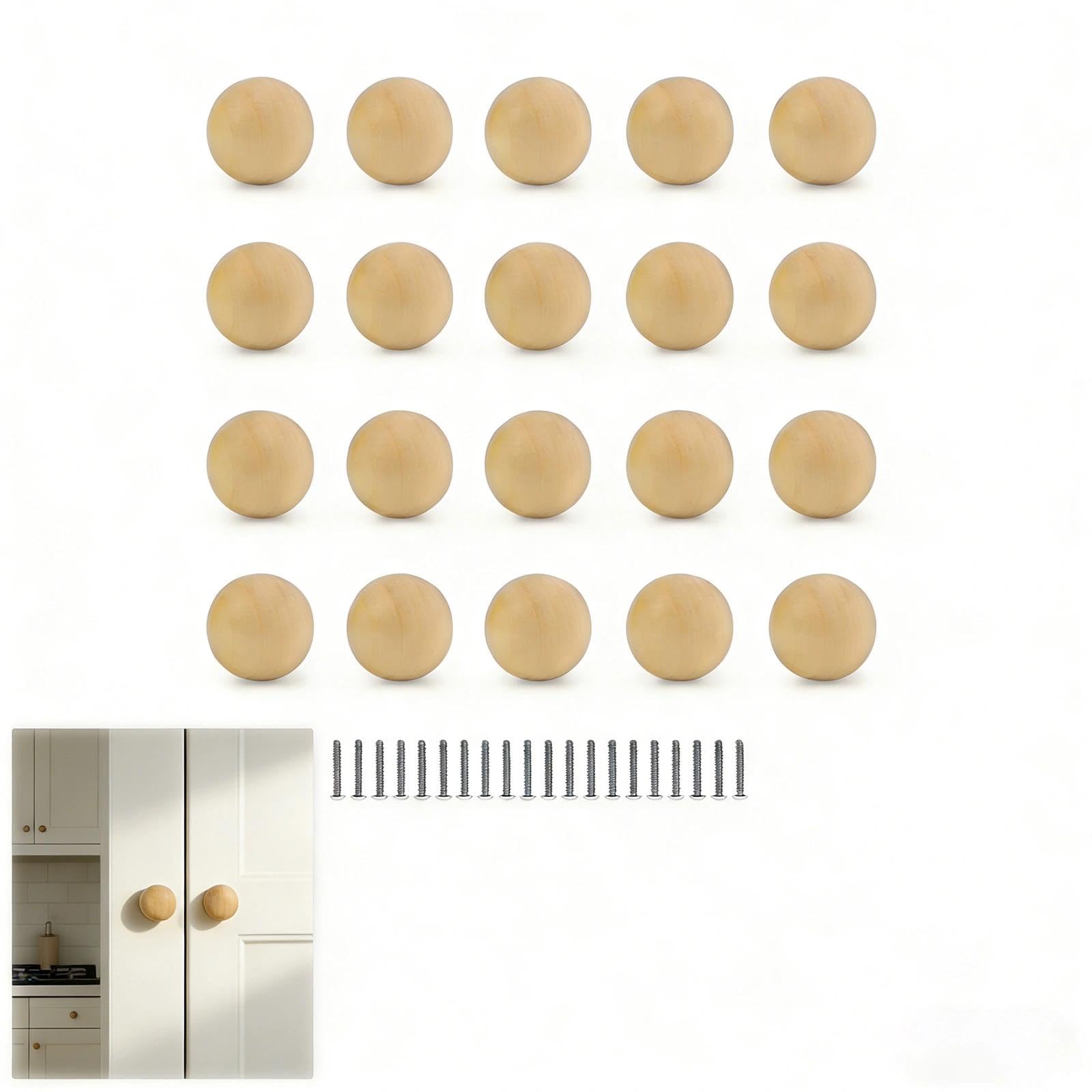 TIANLIN Round Door Handles, 20 Pieces Wooden Door Knobs, Wooden Drawer Knobs, Cupboard Door Knobs, with a Smooth Surface, Suitable for Wardrobes and Drawers