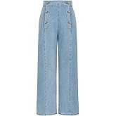 Belle Poque Women's High Waisted Wide Leg Jeans Button Decorated Casual Stretchy Demin Pants with Pockets