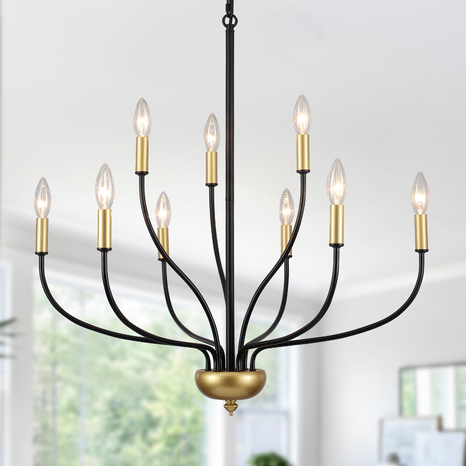 Photo 1 of Black and Gold Chandelier 9 Light, Modern Farmhouse Chandeliers for Dining Room, Industrial Candle Pendant Lighting Fixture for Foyer Hallway Entryway High Ceiling, Bedroom, Living Room, Kitchen