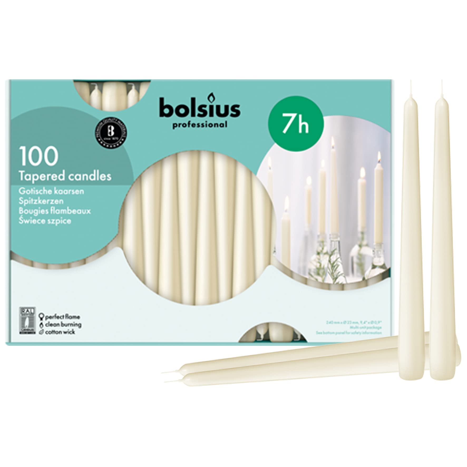 Bolsius Tapered Dinner Candles (Pack of 100), Ivory, Length: 25.4 cm/10 inch, Wax Candles, Tabletop Restaurant Candles, Romantic Dining, P962