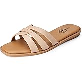 Trary Women's Flat Sandals Open Square Toe Slip on Slippers Casual Dressy Comfortable Soft Leather Summer Fashion Slide Sandals for Women Vacation Beach Party