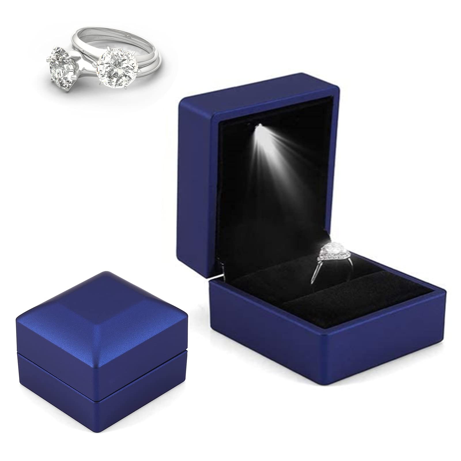 Salmue Ring Box with LED, Gift Box, LED Jewellery Box, Storage Box, Jewellery Box for Wedding Proposal, Engagement Ring, Valentine's Day (Blue)