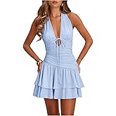 Floerns Women's Deep V Neck Ruched A Line Halter Mini Dresses Tie Front Asymmetrical Layered Club Party Dresses
