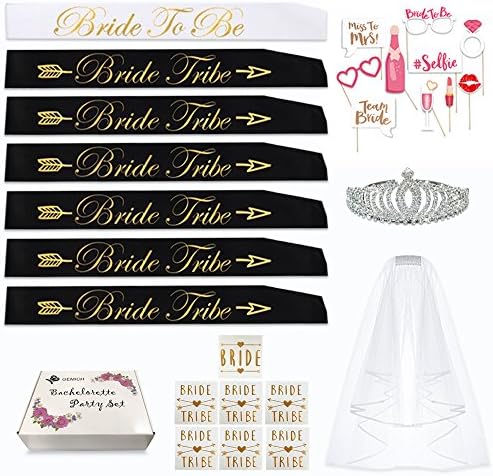 BACHELORETTE PARTY DECORATIONS SET: 7 Bride to be sash/Bride tribe Sash,Rhinestone Tiara,Veil/Comb,7 Bride/Bride Tribe tattoos,10 Photo booth Props for Bridesmaids, Bridal shower favors &amp; accessories.