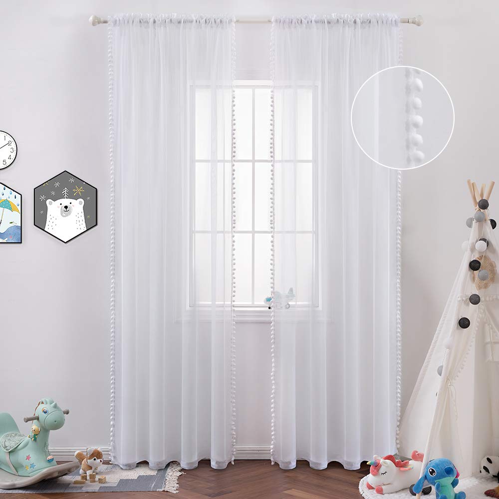 MIULEE Sheer Curtains with Pom Poms-White Voile Curtain for Bedroom Living Room, Pretty Rod Pocket Pompom Curtain for Kids, Girls Bedroom, 2 Panels Net Window Curtains, Each W55 x D57 Inch
