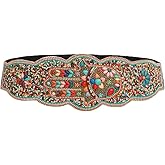 FASUND Bohemian Women Elastic Waist Belt Ethnic Beaded Flower Wide Waist Chain Strech Cinch Belt for Dresses