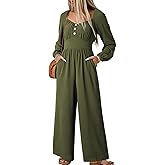 Dokotoo Jumpsuits for Women 2026 Spring Long Sleeves Square Neck Button Decoration Rompers Overalls with Pockets