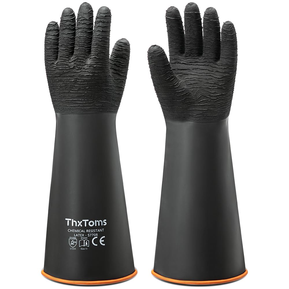 ThxToms Heavy Duty Rubber Gloves, Industrial Chemical Resistant Gloves Waterproof Reusable Protective Work Gloves for Cleaning, Dishwashing,Anti-Slip Design, Soft and Thick, Black, 18" 1 Pair