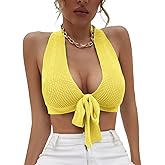 Amarmia Women's Sexy Deep V Neck Crop Tops Halter Knit Ribbed Bow-Knot Front Backless Cleavage Cropped Tank Top