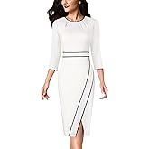 VFSHOW Womens Pleated Crew Neck Front Slit Work Business Office Bodycon Sheath Pencil Dress