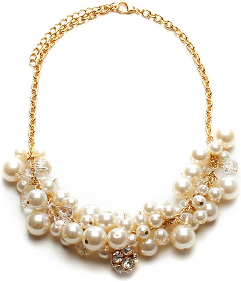 Womens Jewelry Pearl, Crystal and Bead Bib Bauble Statement Necklace, Gold Plated