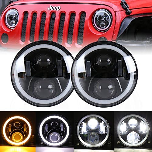 Jeep Wrangler Headlights 7inch High Low Beam with White Halo Yellow Turn Signal Headlamp for JK TJ CJ