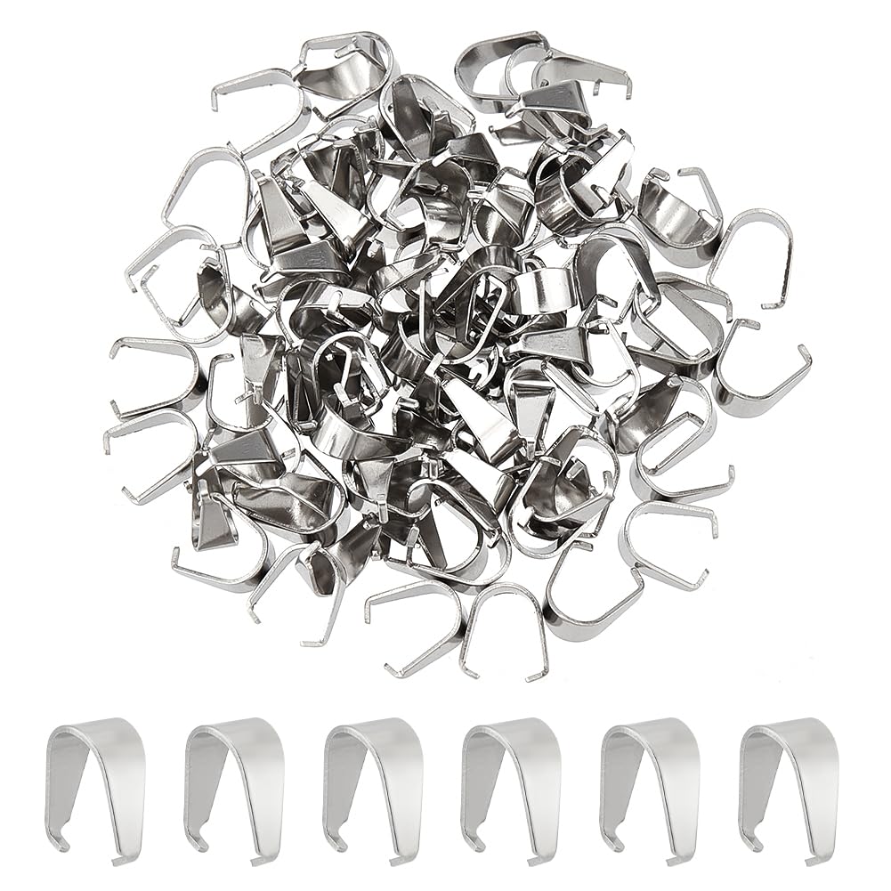 UNICRAFTALE 100pcs Stainless Steel Snap on Bails Pinch Bails Pendant Bails Connectors Hook Pendant Clasps for DIY Dangle Charms Jewelry Making, Stainless Steel Color, 9x4x6mm