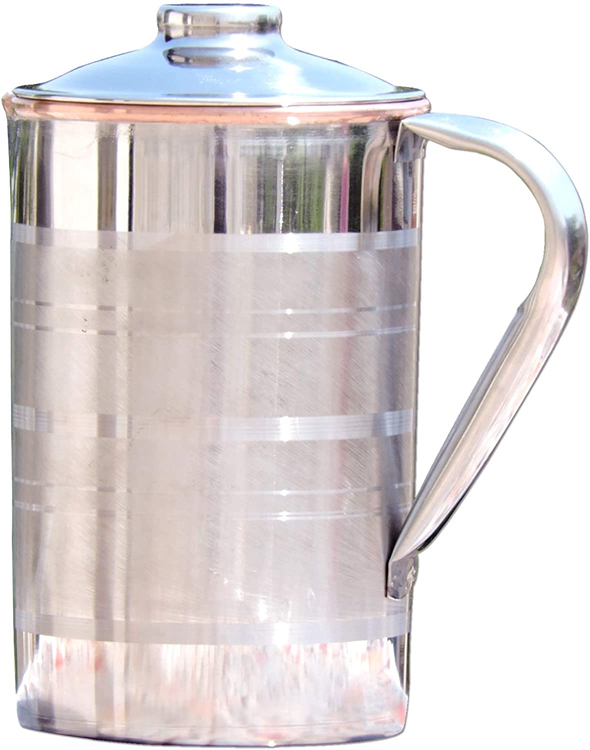 Stainless Steel and Copper Pitcher with Lid | Heavy Duty Stainless Steel and Pure Copper Designer Jug with Matching Lid | Steel and Copper Pitcher with Unique Ring Design