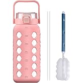 MUKOKO Half Gallon/64 oz Glass Water Bottles with Straw and Lid,Motivational Water Jug with Time Marker Reminder and Silicone Sleeve,100% Leakproof BPA Free Fitness Sports Large Bottle-Pink