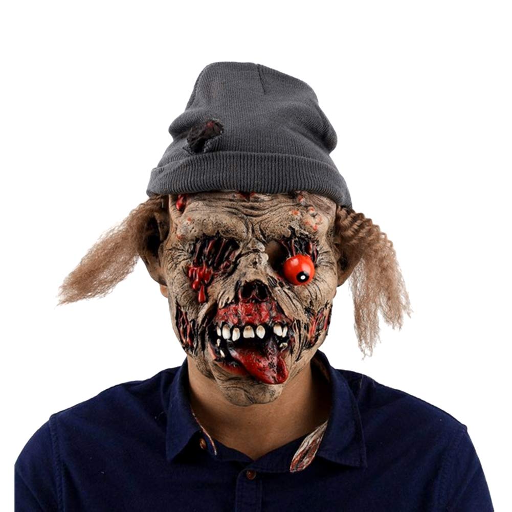 Bloody Zombie Mask Scary Halloween Mask Creepy Horror Head Masks with Hair and Knitted Hat Poped Out Eyes Latex Head Cover Fancy Dress Head Headwear Halloween Horrible Cosplay Props for Adults Teens