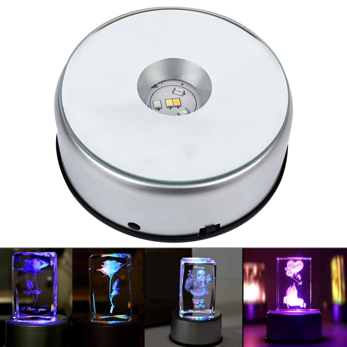SYWAN 4" 7 LED Display Base for Crystals Glass Art,Colorful Light Rotating Crystal Display Base Stand with AC Adapter for Tumbler Collections Figurine Jewelry
