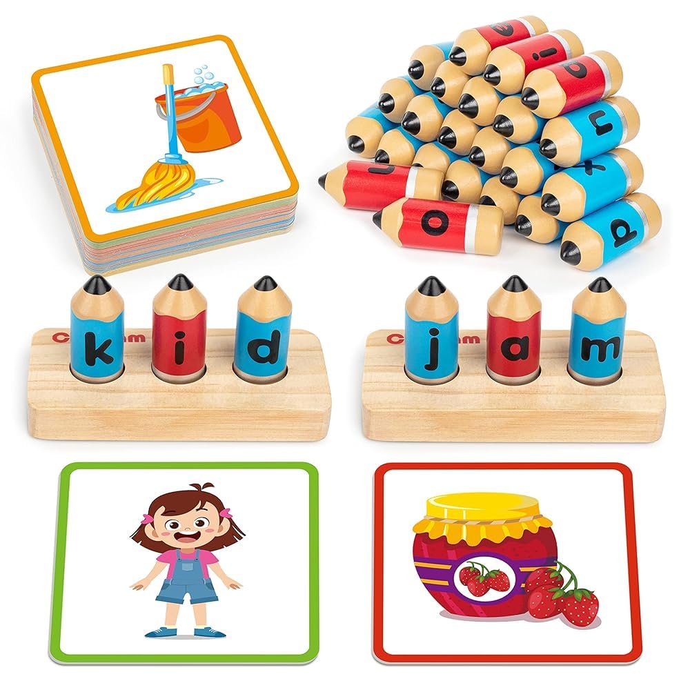 Coogam Wooden Short Vowel Spelling Games, Learn to Spell CVC Sight Words Educational Flashcards Fine Motor Alphabet Toy