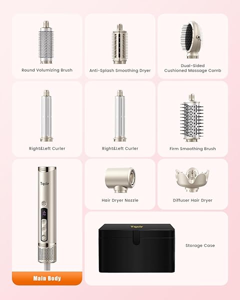 TQCIR 8-IN-1 PROFESSIONAL HOT AIR STYLER&HAIR DRYER BRUSH, POWERFUL MULTI-STYLER WITH AUTO-WRAP CURLER WITH STORAGE CASE, FAST DRYING CURLING STRAIGHTENING VOLUMIZING WITHOUT HEAT DAMAGE(GOLD)